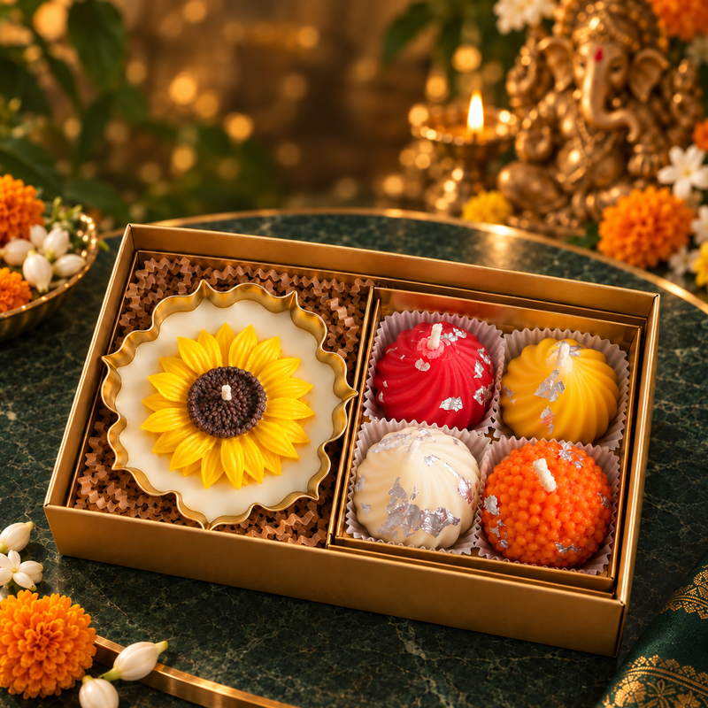 Ganpati Gift Set | Sunflower Urli & Mithai Candles