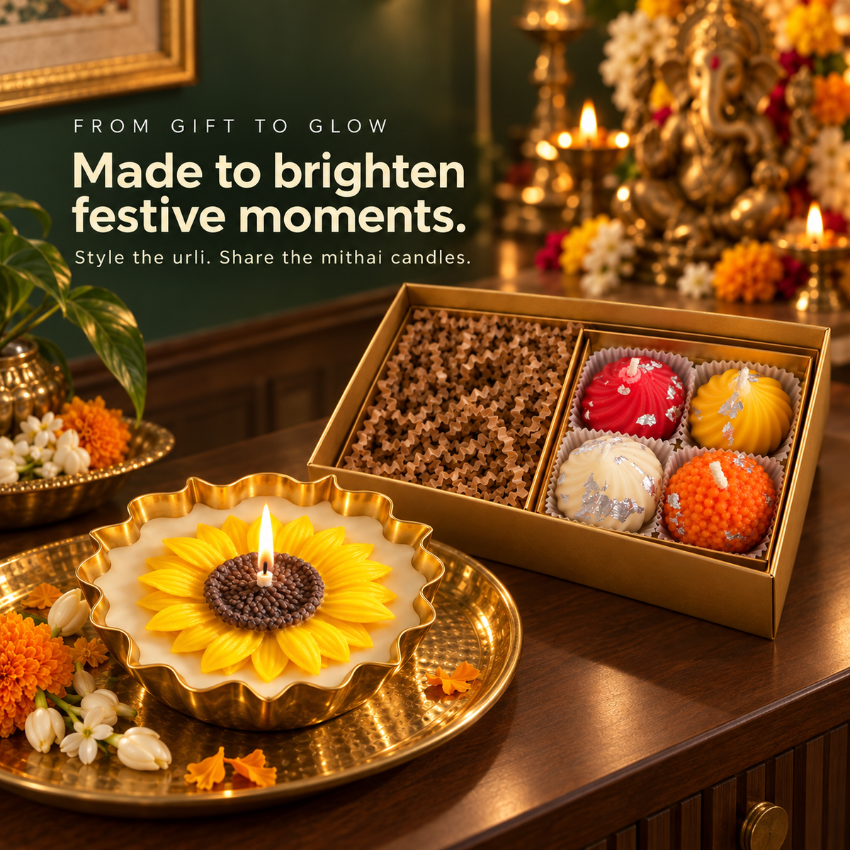 Ganpati Gift Set | Sunflower Urli & Mithai Candles